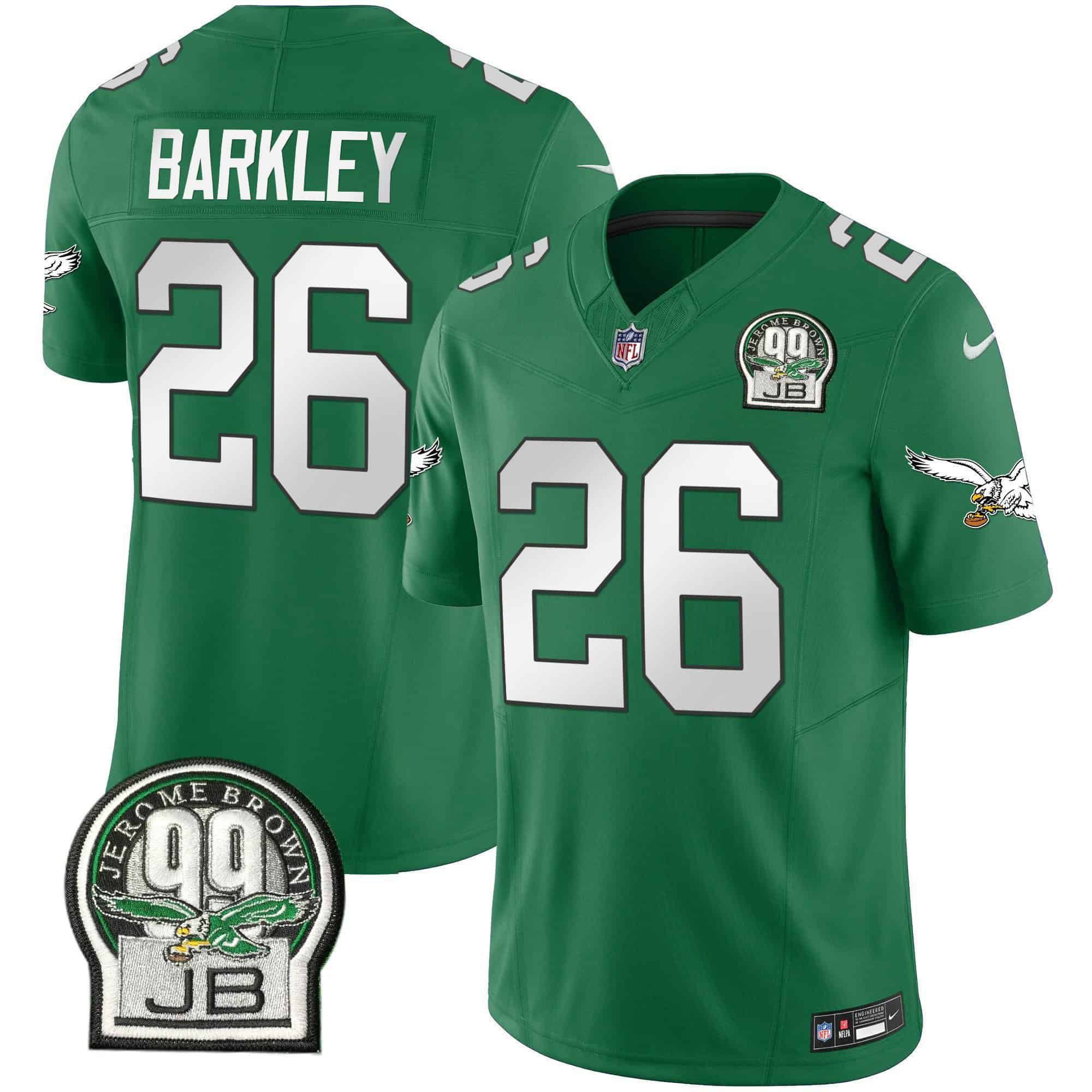 Men Philadelphia Eagles 26 Barkley Green 2024 Nike Jerome Brown Patch Alternate Limited NFL Jersey style 1